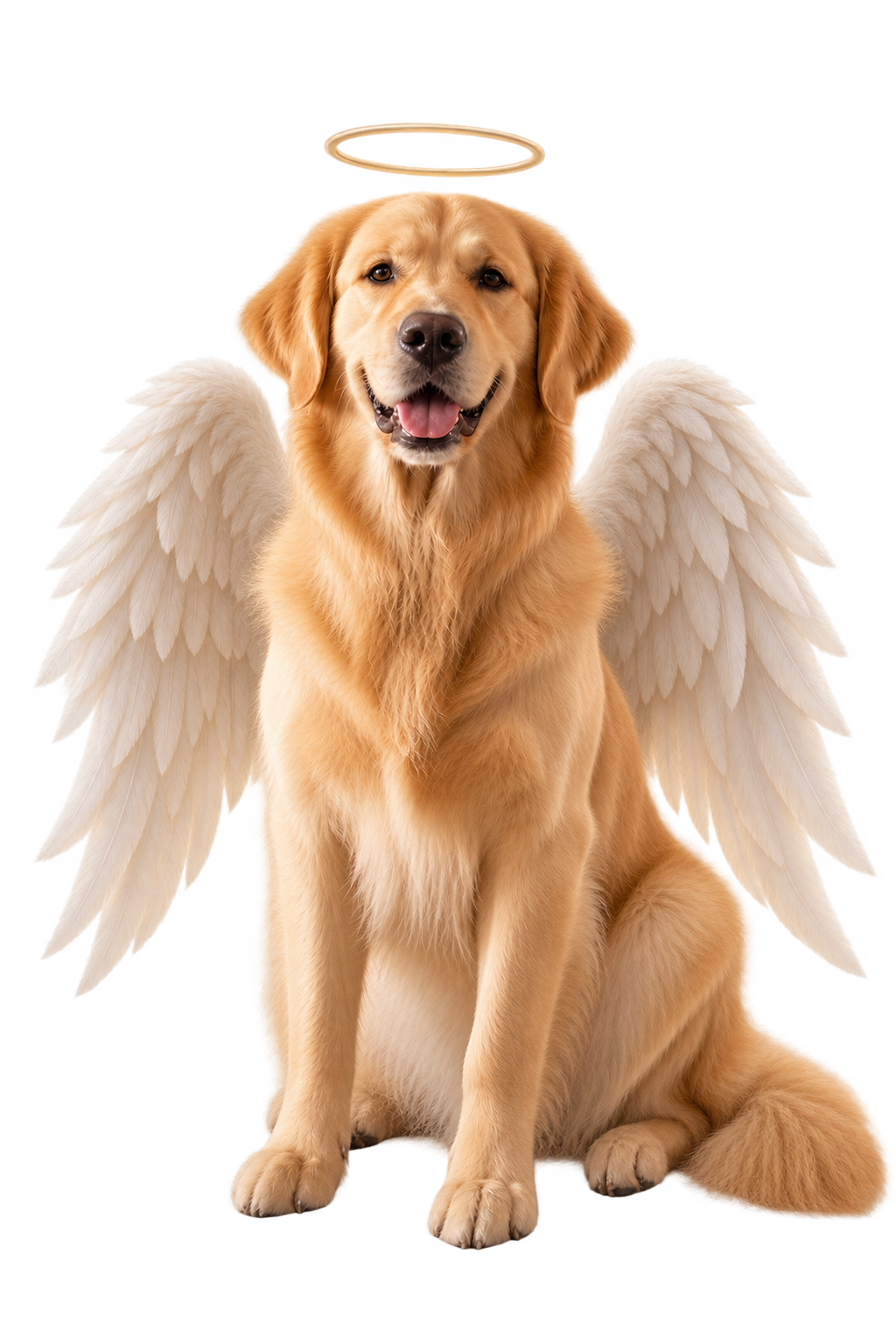 Golden retriever com asas e auréola, símbolo de memória e eternidade