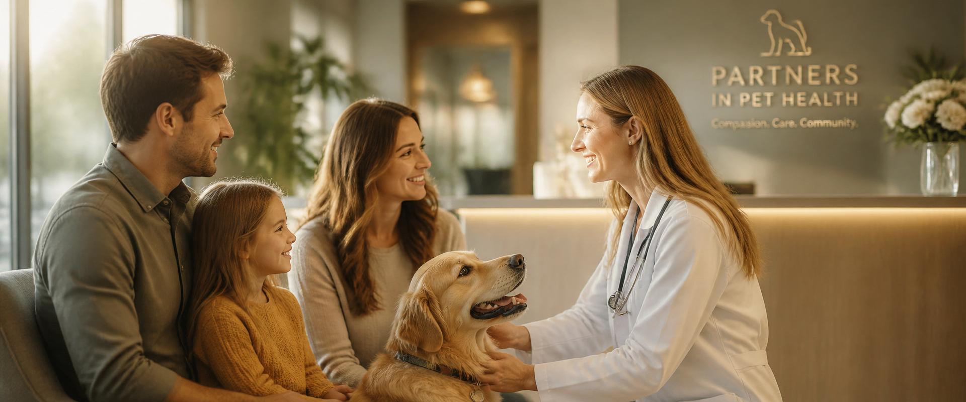 Clínica veterinária acolhendo uma família com seu pet