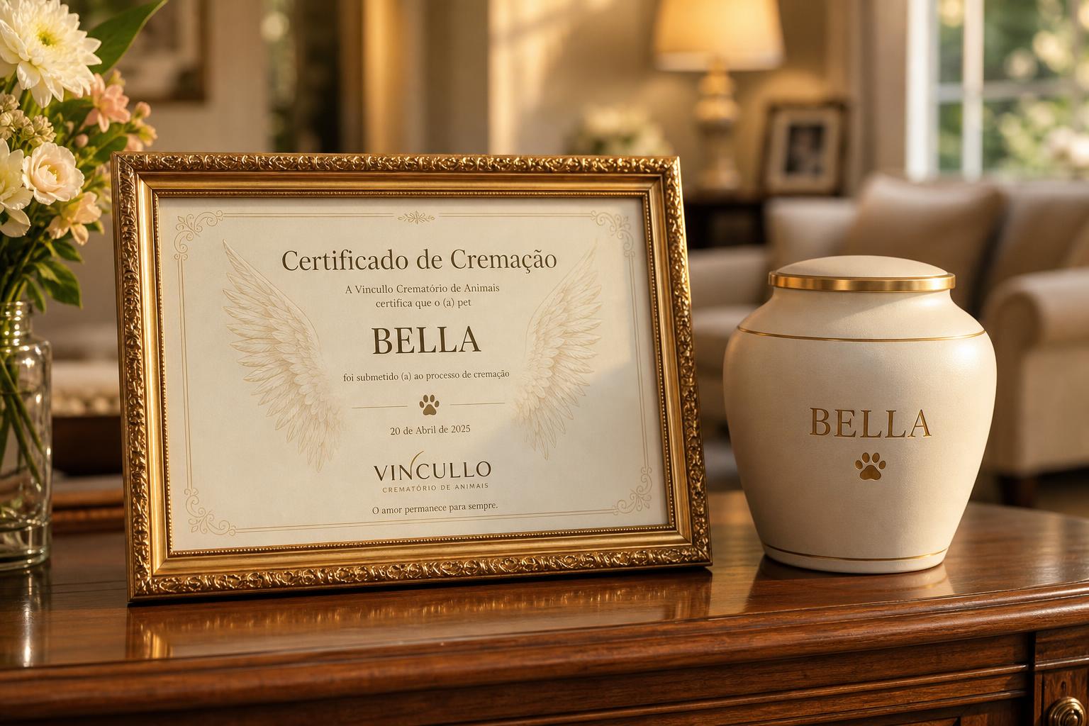 Certificado de cremação VINCULLO emoldurado ao lado de urna personalizada