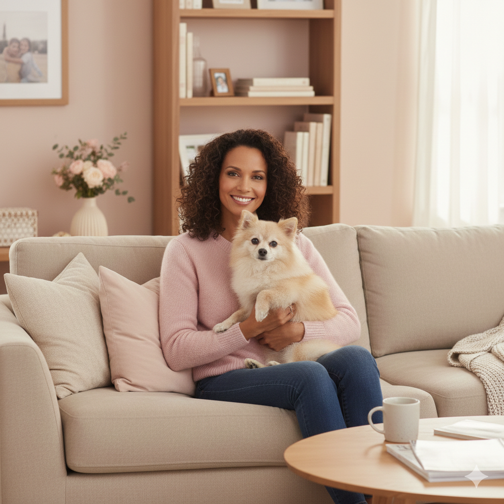 Responsável PET com seu pet em ambiente acolhedor